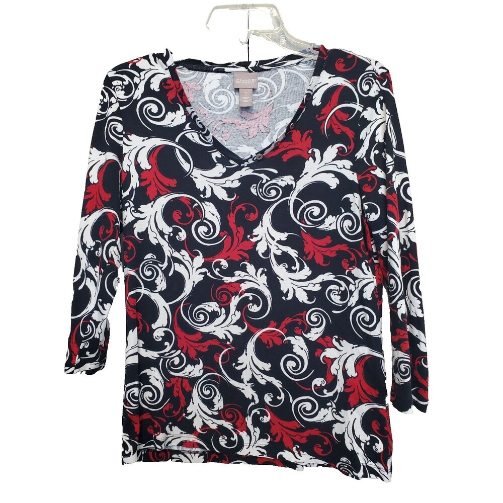 Chico's 100% Cotton Fleur de Lis Print V-Neck 3/4 Sleeve Top Size 1 Medium